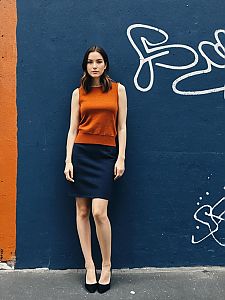 Modern Woman in Orange and Navy Outfit Against Urban Graffiti Wall
