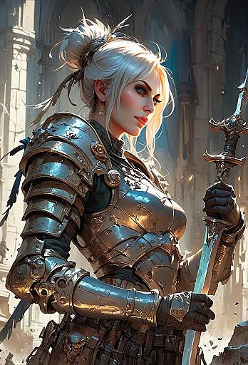 Female Warrior in Detailed Medieval Armor Holding Sword Digital Fantasy Art