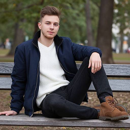 Young Man Sitting on Park Bench in Casual Autumn Outfit