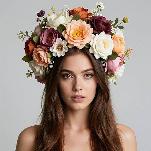 Young Woman Wearing Floral Crown Portrait with Multicolor Flowers