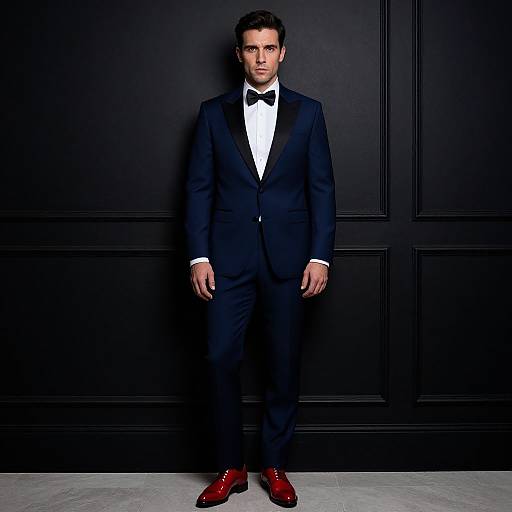Elegant Man in Navy Blue Tuxedo and Red Dress Shoes Against Black Wall