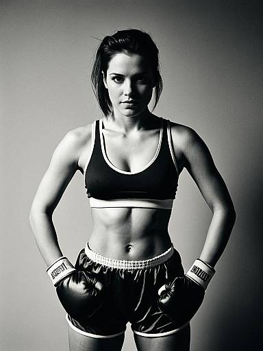 Woman in Female Boxer Costume Waist Up Editorial Portrait Black and White