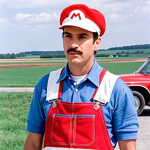 Man in Red Overalls in Green Fields