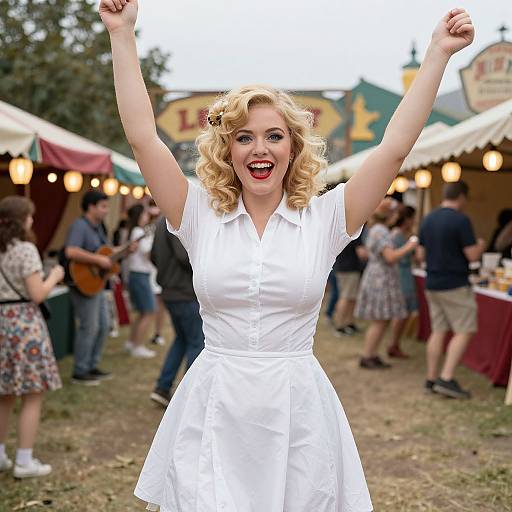 Vintage Style Woman Celebrating at Outdoor Festival with White Dress