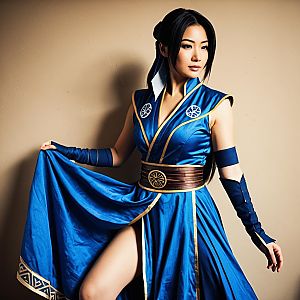 Woman in Detailed Blue Warrior Cosplay Costume Posing