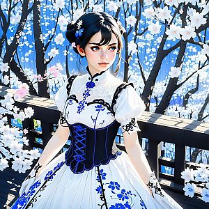 Elegant Woman in Floral Gown by Cherry Blossoms