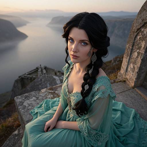 Woman in Vintage Teal Lace Dress by Misty River Canyon at Sunset