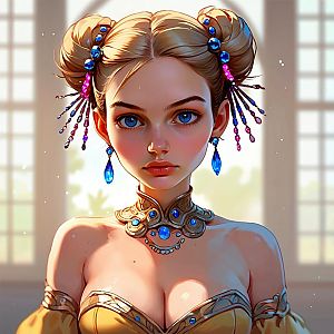 Fantasy Woman with Blue Eyes and Ornate Buns