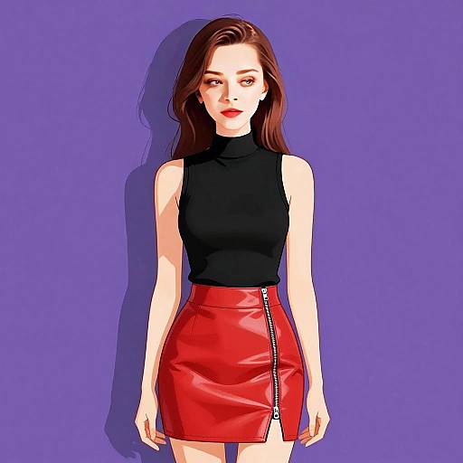 Woman with Pretty Face and Stylish Hair in Modern Chic Sleeveless Top and Red Leather Skirt