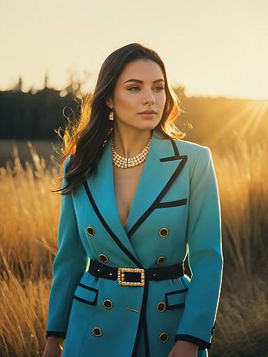 Woman in Designer Outfit Photorealistic Outdoor Portrait at Golden Hour