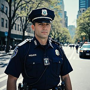 Realistic Portrait of Male Police Officer on City Street