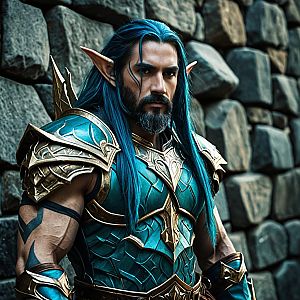Fantasy Elf Warrior Man in Blue and Gold Armor Costume