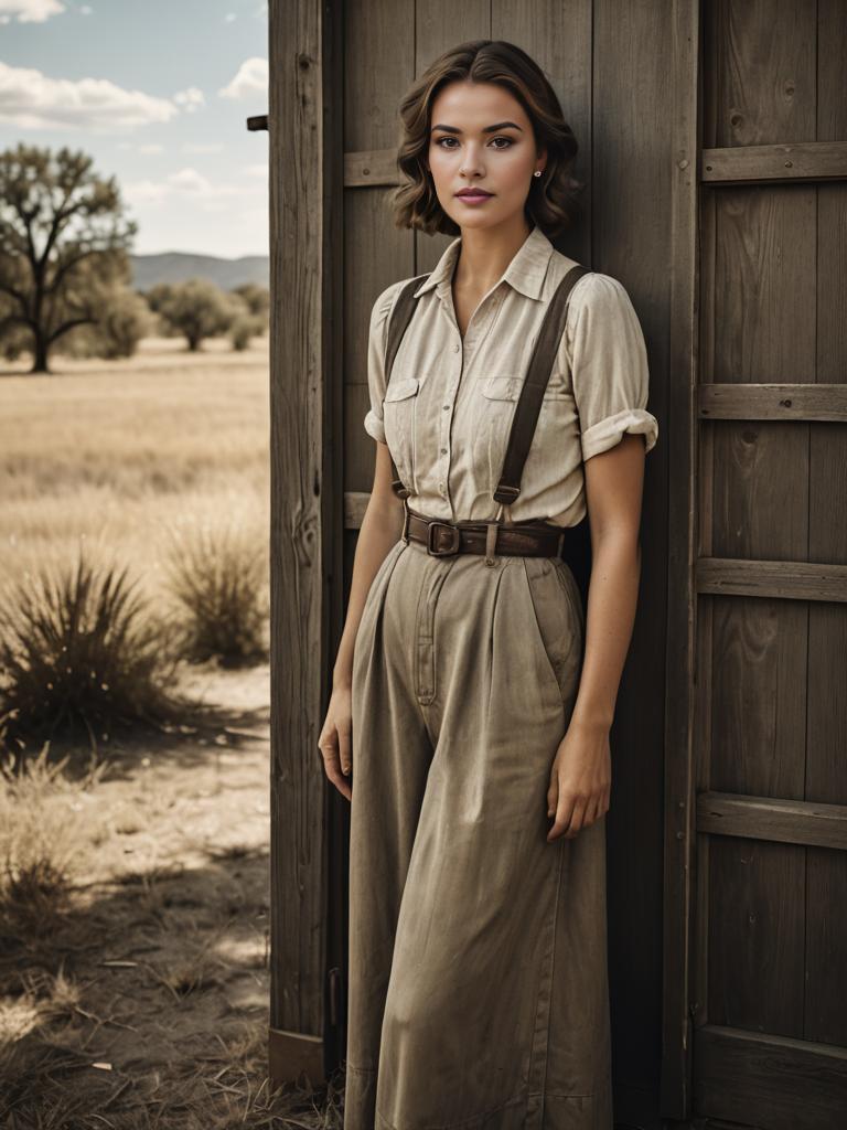 Confident Woman at Rustic Building in Scenic Landscape