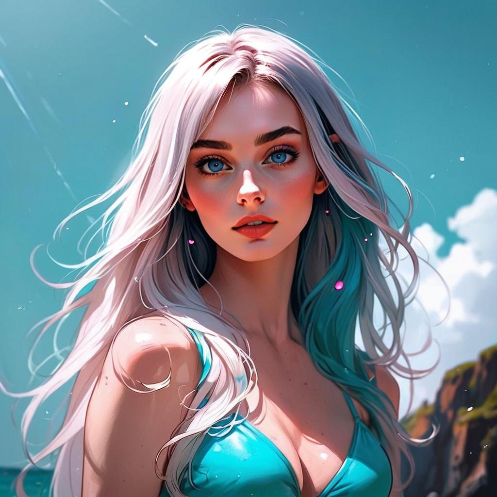 Young Woman with Blue Eyes and Turquoise Hair