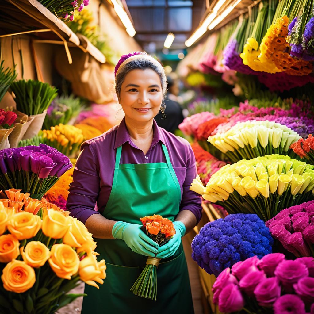 Cheerful Woman in Flower Market with Bouquet