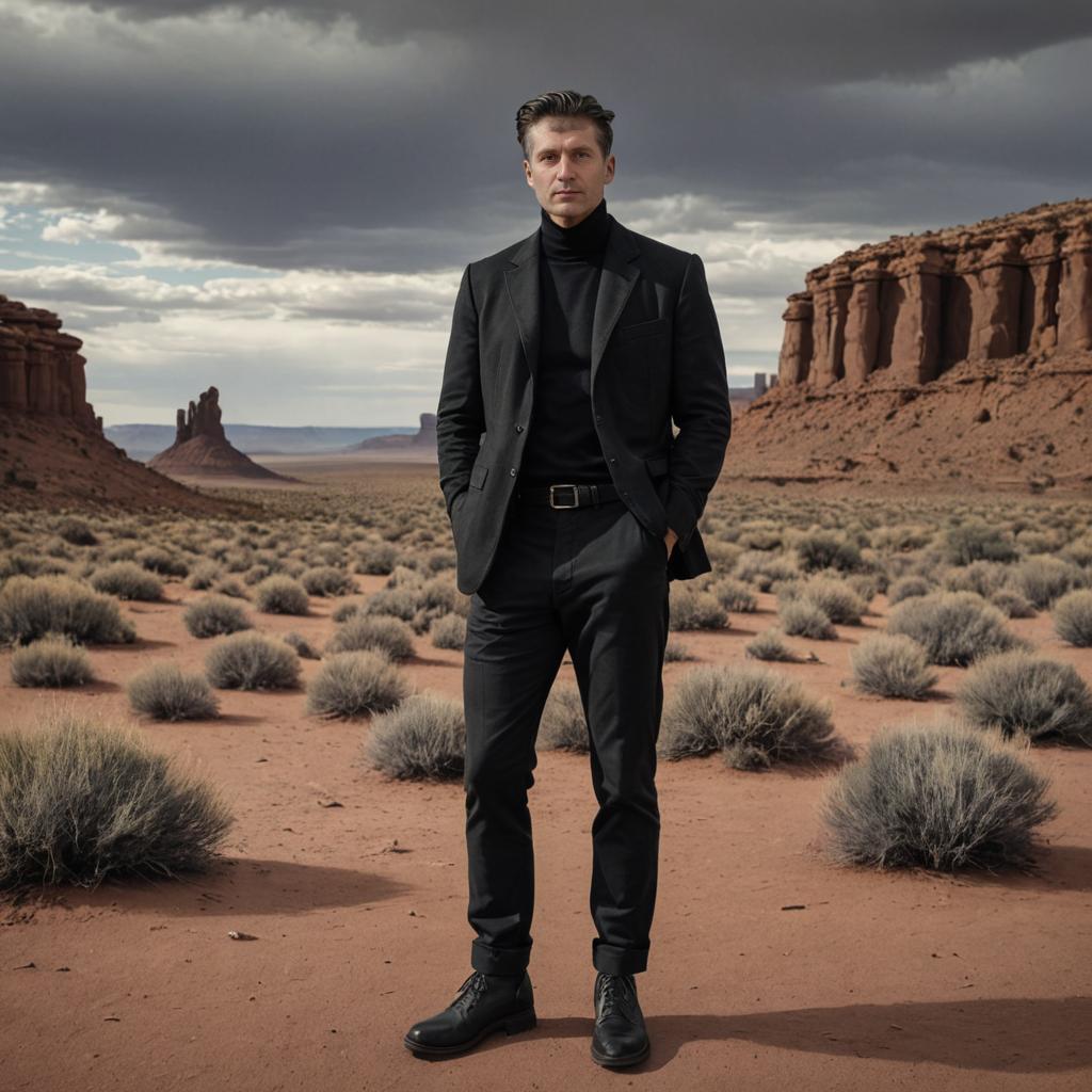 Confident Man in Black Attire in Desert