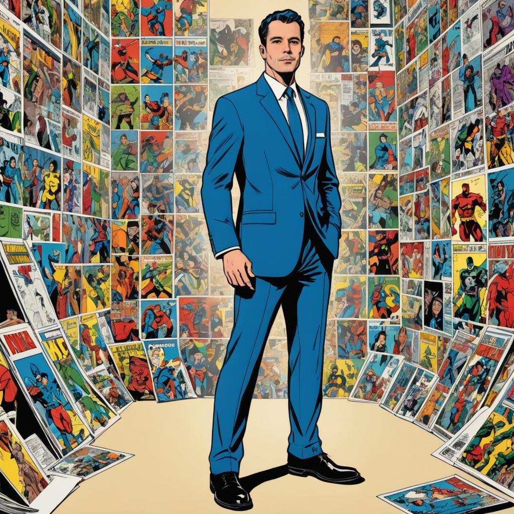 Confident Man in Blue Suit with Comic Book Background