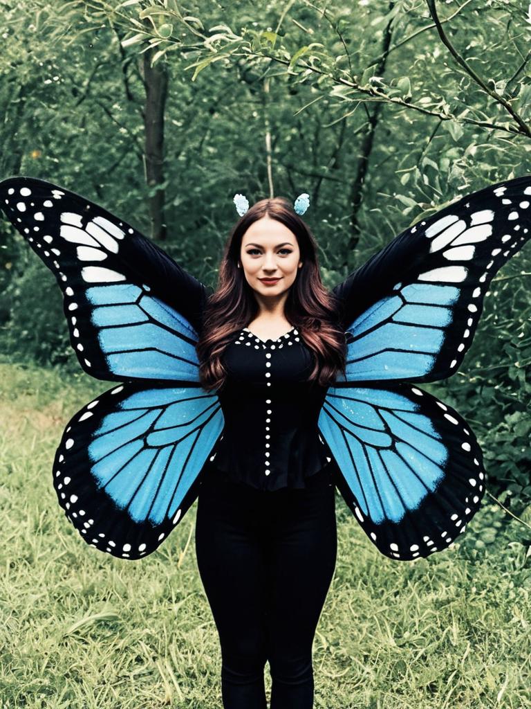 Woman Wearing Blue Butterfly Costume with Large Wings in Nature