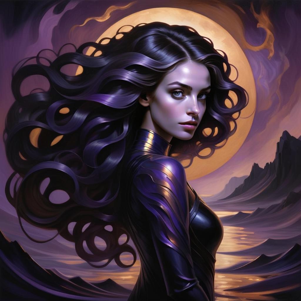 Woman with Purple Hair in Moonlit Landscape