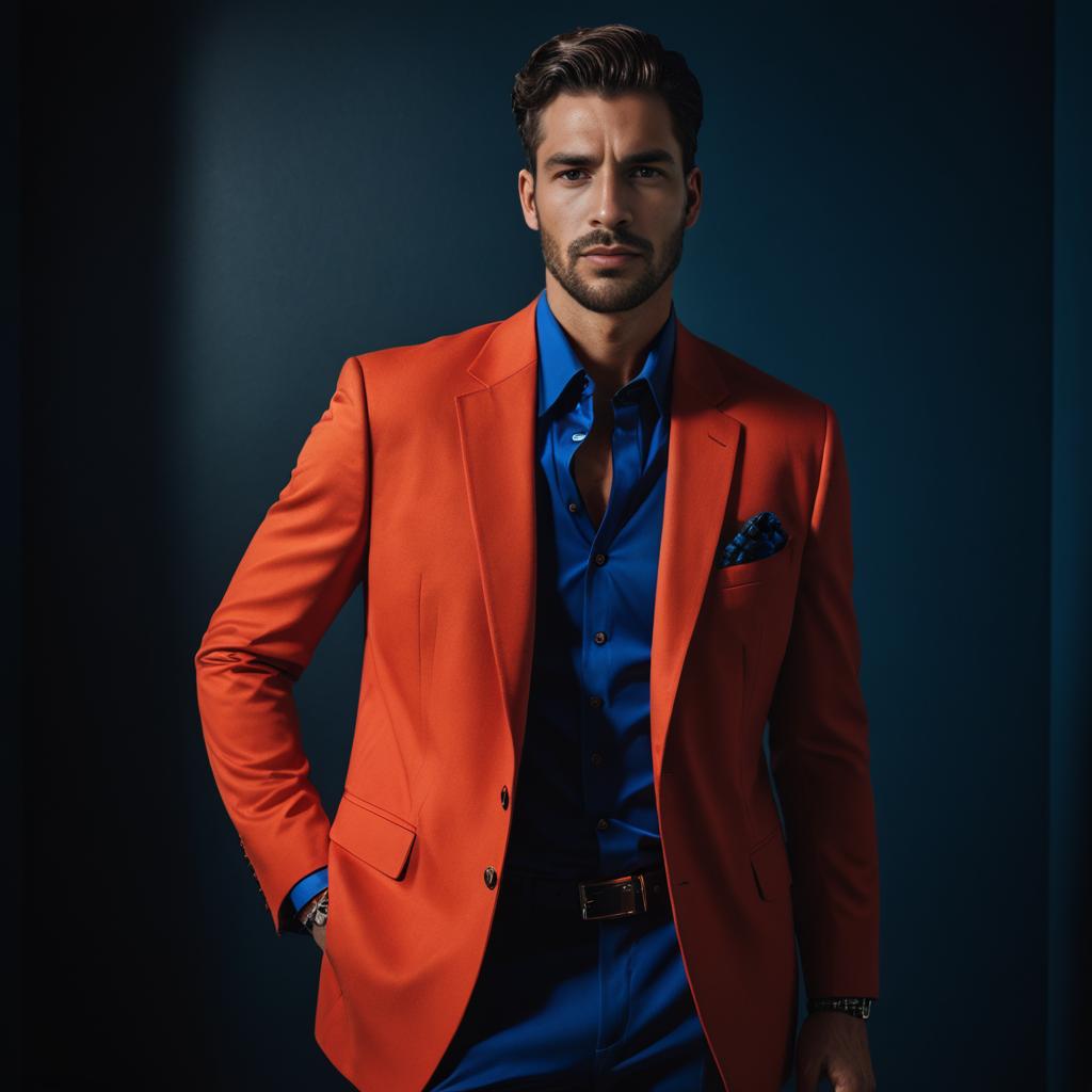 Elegant Man in Bold Orange Suit and Blue Shirt