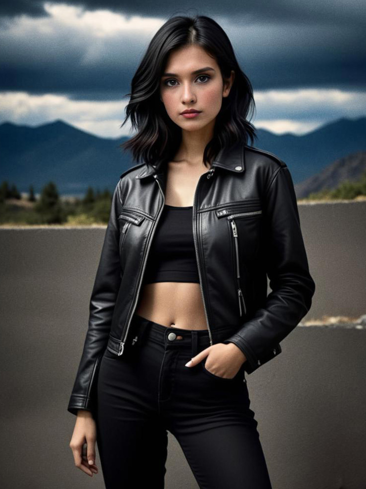 Confident Woman in Black Leather Jacket Against Mountain Backdrop