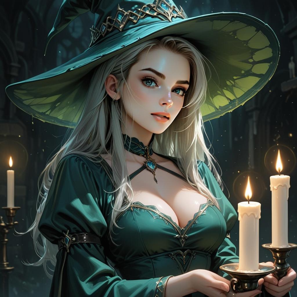 Dark Illustrious Witch Woman Holding Candles Fantasy Digital Art