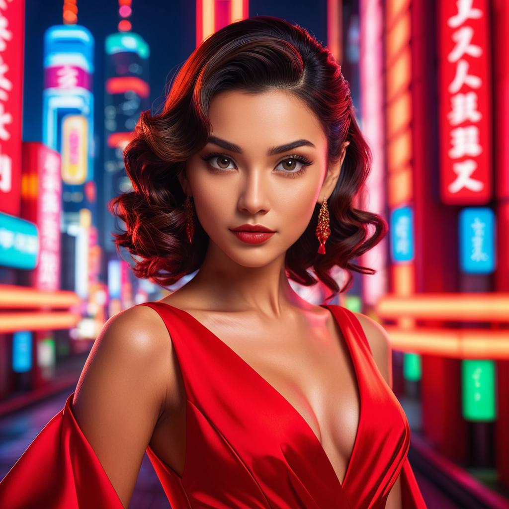 Glamorous Woman in Red Gown Against Urban Nightscape