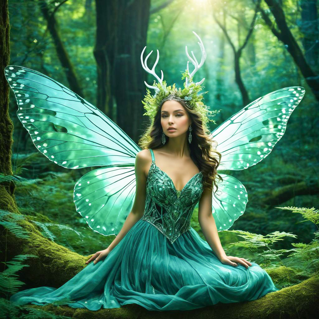 Enchanting Woman in Green Gown with Butterfly Wings