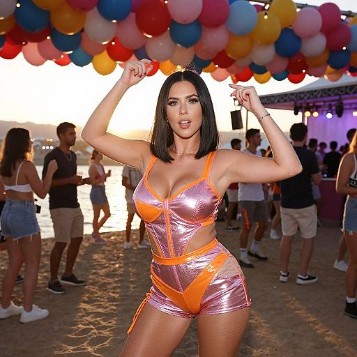 Woman in Pink Orange Outfit Dancing at Beach Party with Balloons