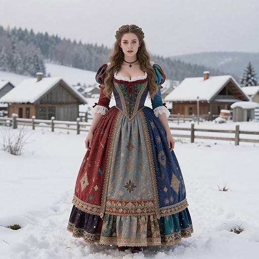 Woman in Renaissance Style Dress in Snowy Village Setting