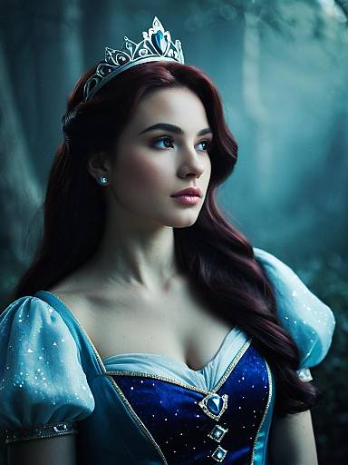 Woman in Blue Disney Princess Costume in Cinematic Realism Fantasy Setting
