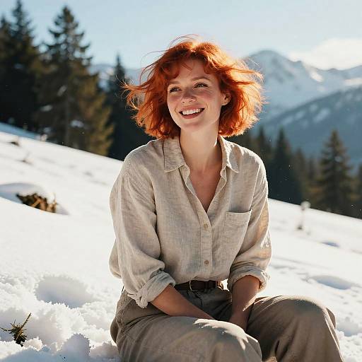 Smiling Young Woman Sitting on Snow in Mountain Winter Landscape
