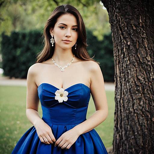Elegant Woman in Royal Blue Strapless Prom Dress with Jewelry Outdoors