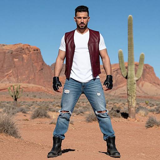 Confident Man in Leather Vest and Ripped Jeans in Desert Landscape