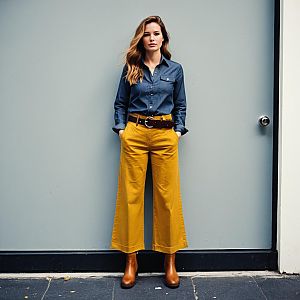 Woman Wearing Mustard Yellow Pants and Navy Blue Shirt in Urban Minimalist Setting