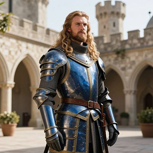 Medieval Knight in Shining Blue Armor Standing in Castle Courtyard