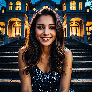 Young Woman Smiling on Grand Staircase at Dusk