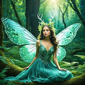 Enchanting Woman in Green Gown with Butterfly Wings