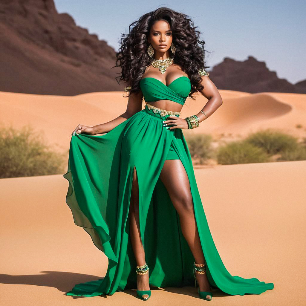 Confident Woman in Emerald Green Dress in Desert Confident Woman in Emerald Green Dress in Desert