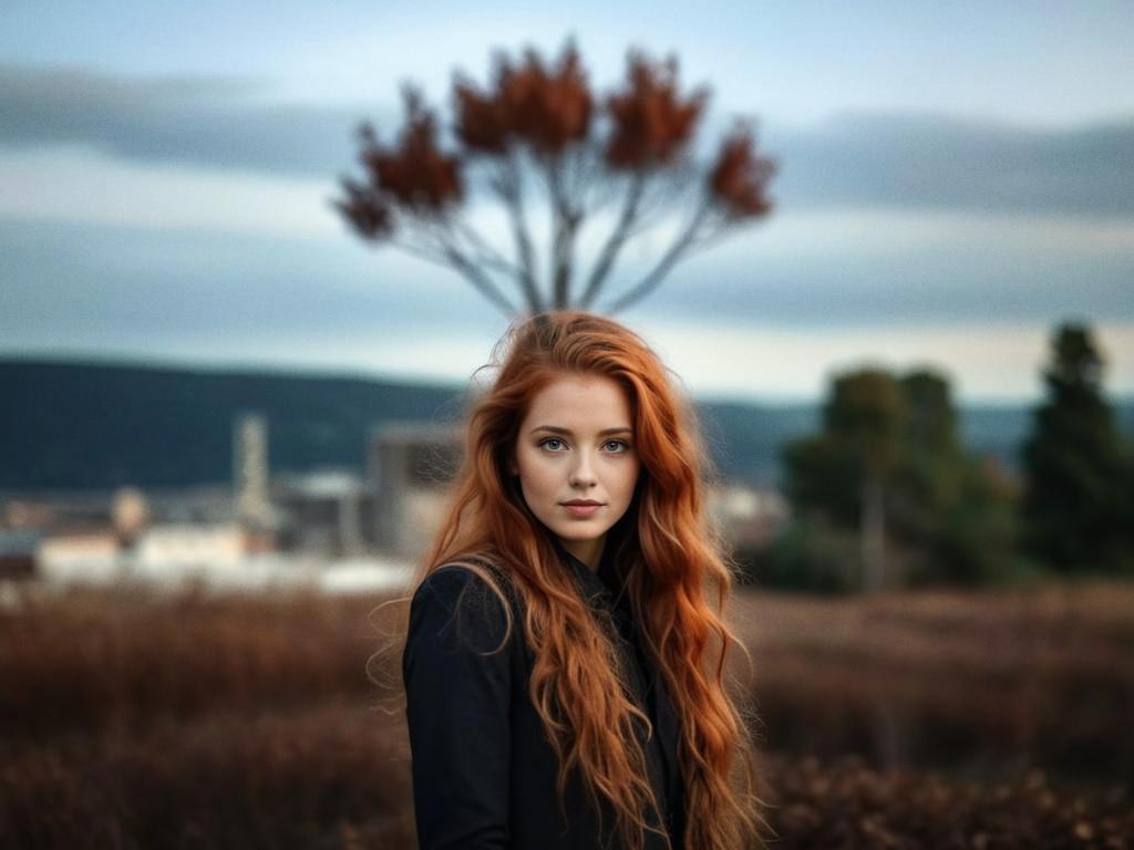 Serene Woman with Red Hair in Blurred Landscape