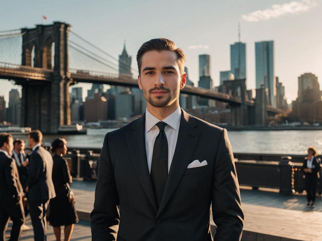 Elegant Man at Formal Event with Brooklyn Bridge and NYC Skyline