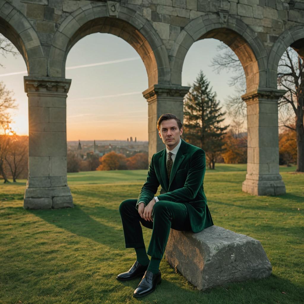 Thoughtful Man in Stylish Green Suit at Sunset