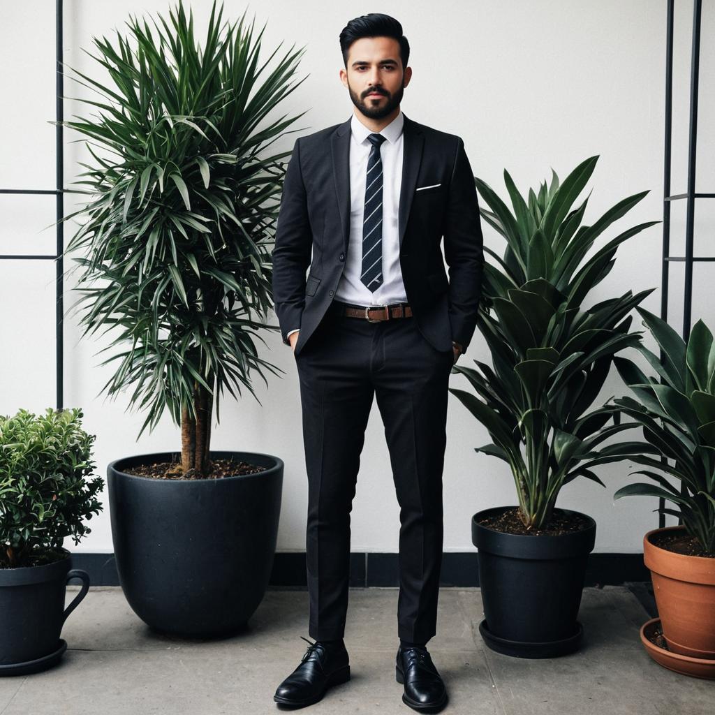 Confident Man in Tailored Suit with Plants
