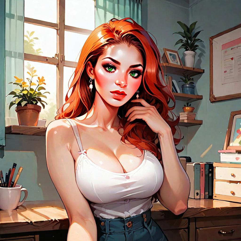 Digital Art of Red-Haired Woman with Green Eyes in Cozy Room