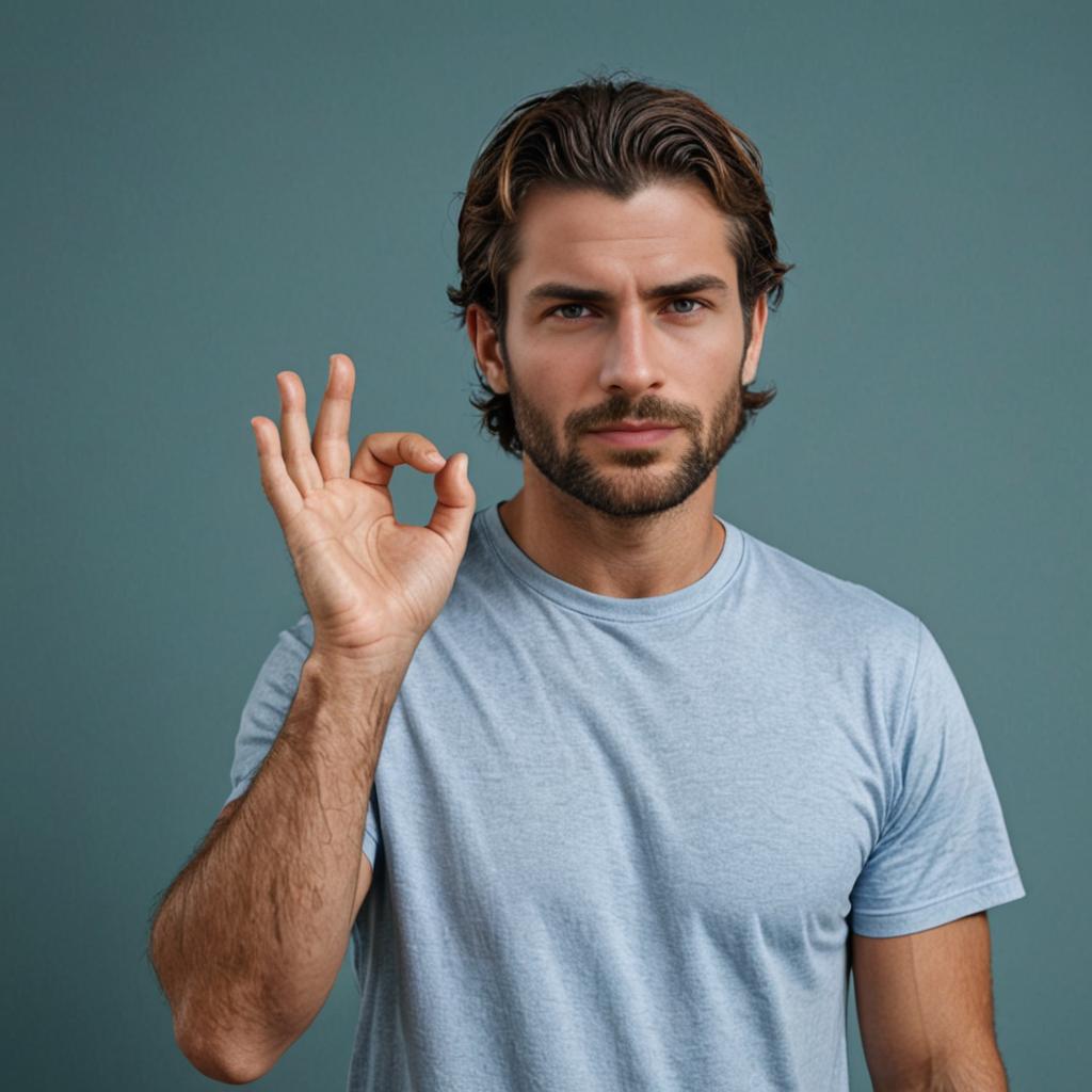 Man in blue t-shirt making OK gesture