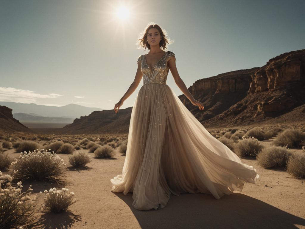 Levitating Woman in Biomechanical Dress in Desert