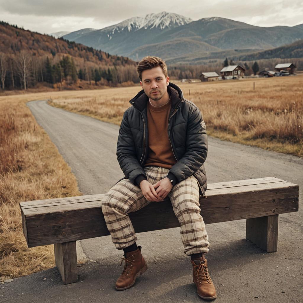 Calm Man on Bench in Mountain Landscape