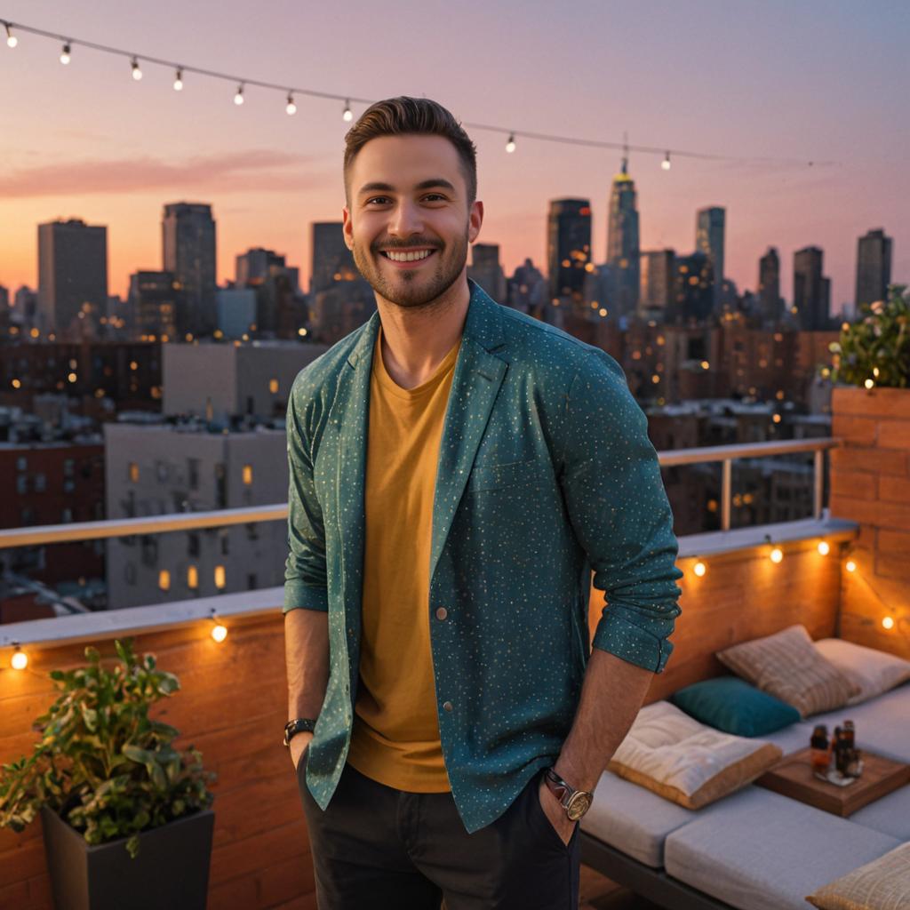 Friendly Man on Rooftop at Dusk with City Skyline