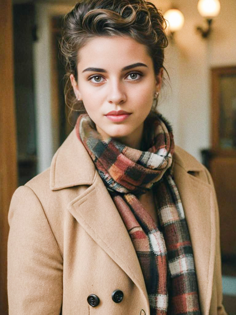 Elegant Woman in Beige Coat and Plaid Scarf