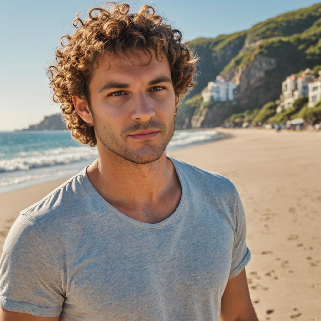 Man on Sunlit Beach with Scenic Cliffs